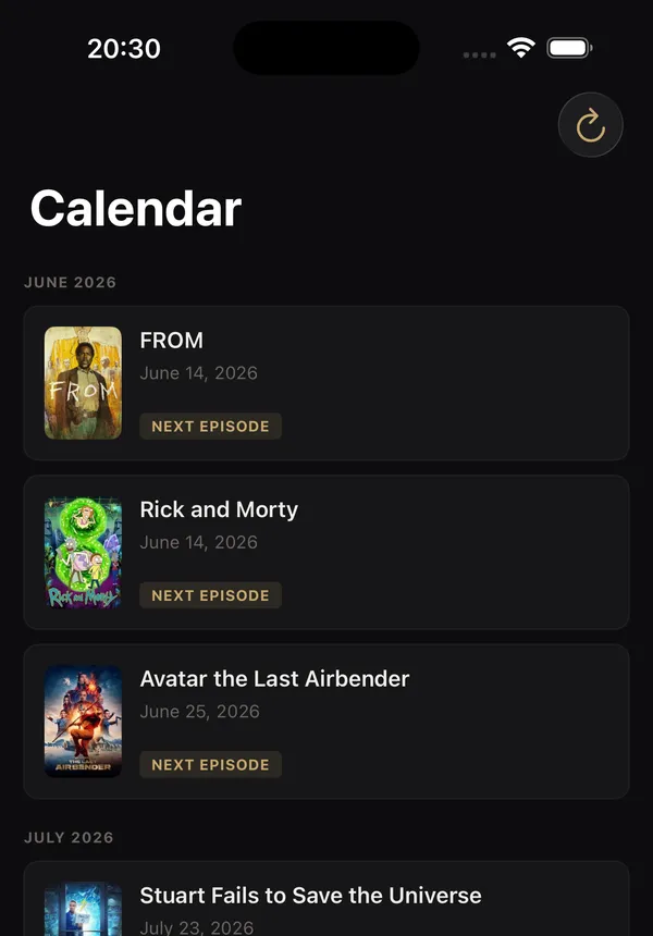 The calendar screen, listing upcoming episodes and releases grouped by month