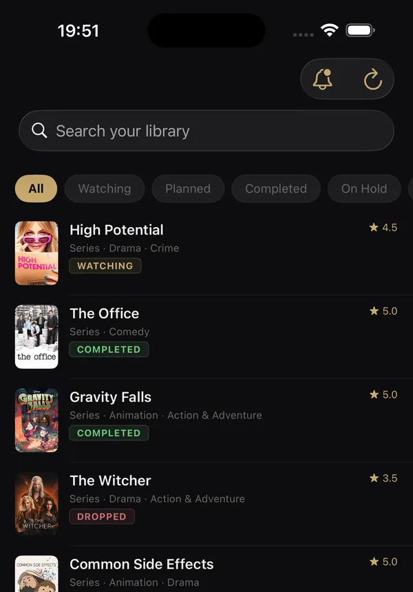 The ReelShelf library screen, showing tracked series with status badges and star ratings