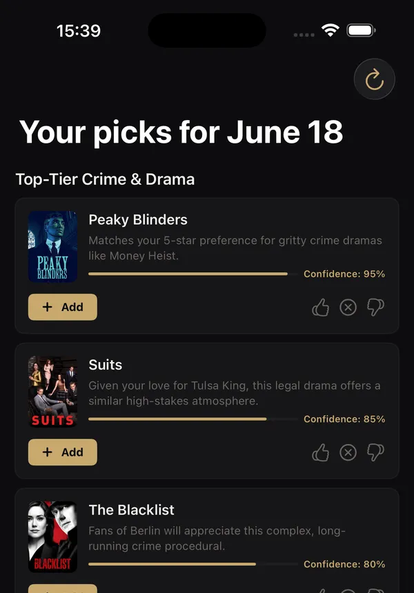The recommendations screen, with grouped picks each showing a reason and a confidence score