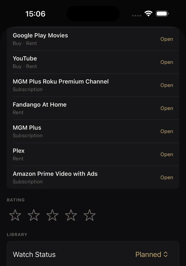 A title screen listing the streaming services that carry it, each with an Open link